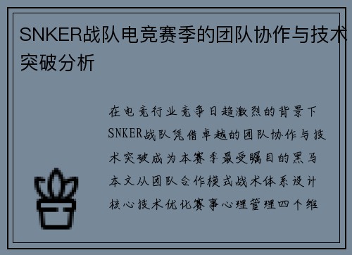 SNKER战队电竞赛季的团队协作与技术突破分析